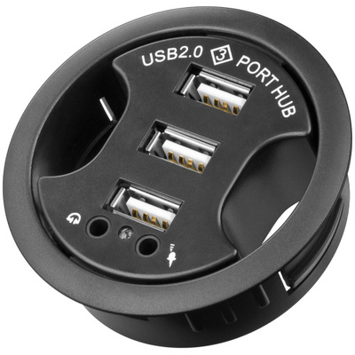 Hub USB 2.0, 3 Port, 3x USB A, 2x 3,5mm jack (slúchadlá + mikrofón), do stola, Ø 60mm, 1.5m, čierny