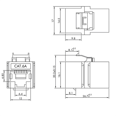 Konektor Keystone cat.6a, tienený, strieborný, SPOJKA RJ45 slim, skrátený