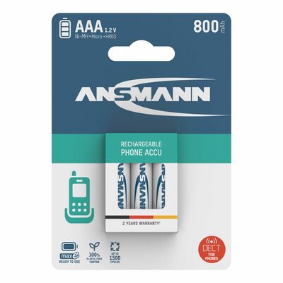 Baterka ANSMANN AKKU nabíjacia AAA (3ks) 1.2V 800mAh NiMH (HR03), pre bezdrôtové telefóny (DECT)