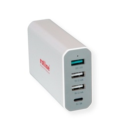 Nabíjačka USB 230V 4port, nabíjacia stanica, 230V (1x QC3.0 + 2x USB + 1x USB C), 1,2m 2pin C7 kábel