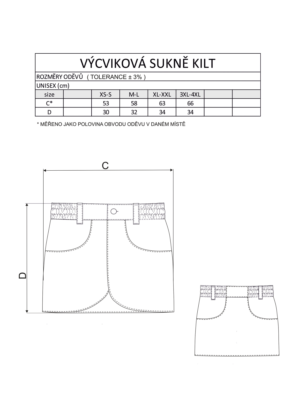 Výcviková sukňa KILT, s 3 vreckami a opaskom, čierna so sivým olemovaním, XS-S