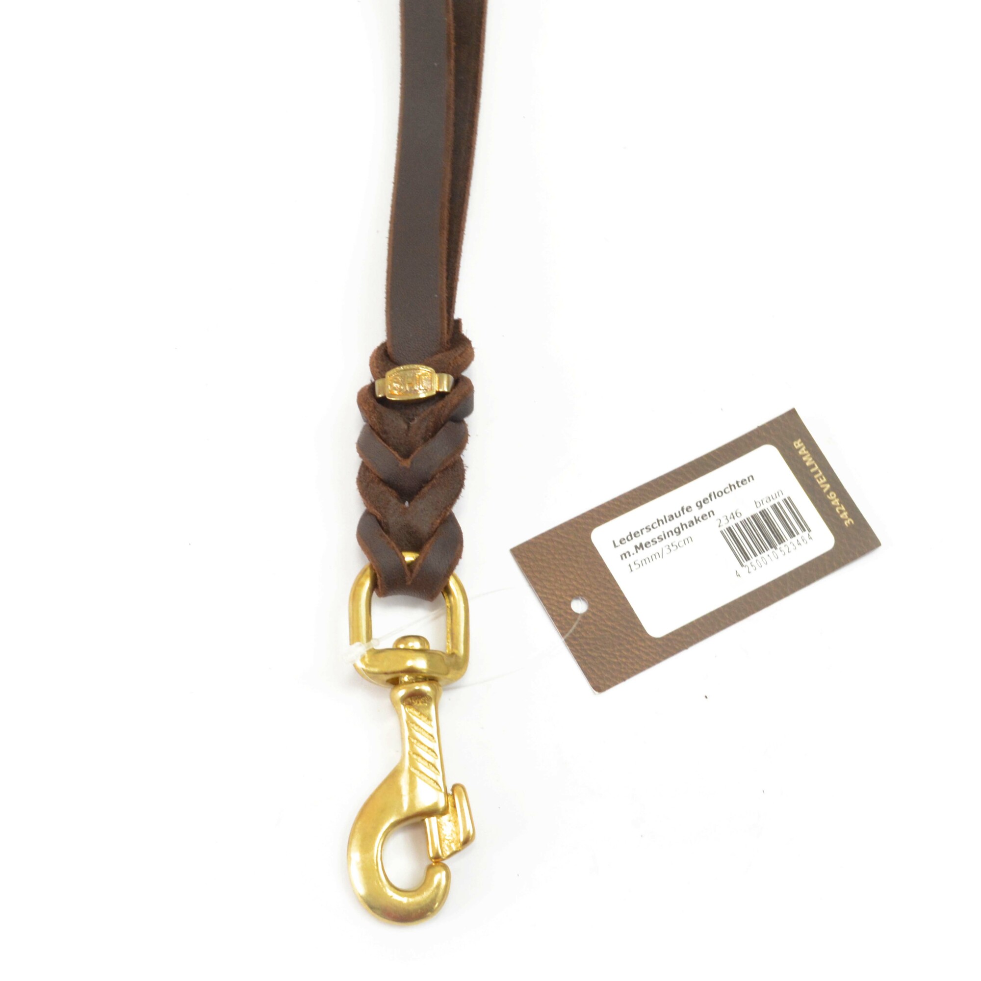 Vodítko na poslušnosť - uško, 15mm/35cm, mosadzná karabína, koža, hnedé