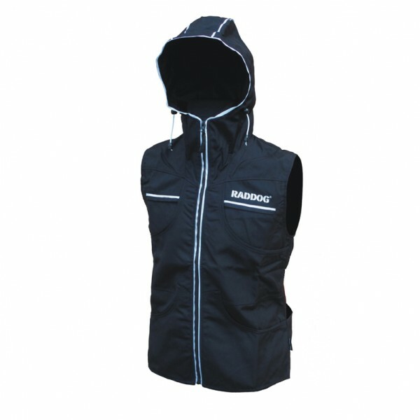 Vesta RADDOG s kapucňou, nepremokavá, podšitá, cordura, čierna s bielym lemovaním, XS