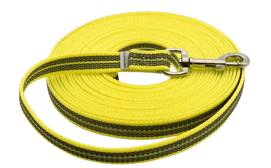 HS Sprenger | Vodítko stopovacie s uškom pogumované, 19mm/10m, nerezová karabína, žlté