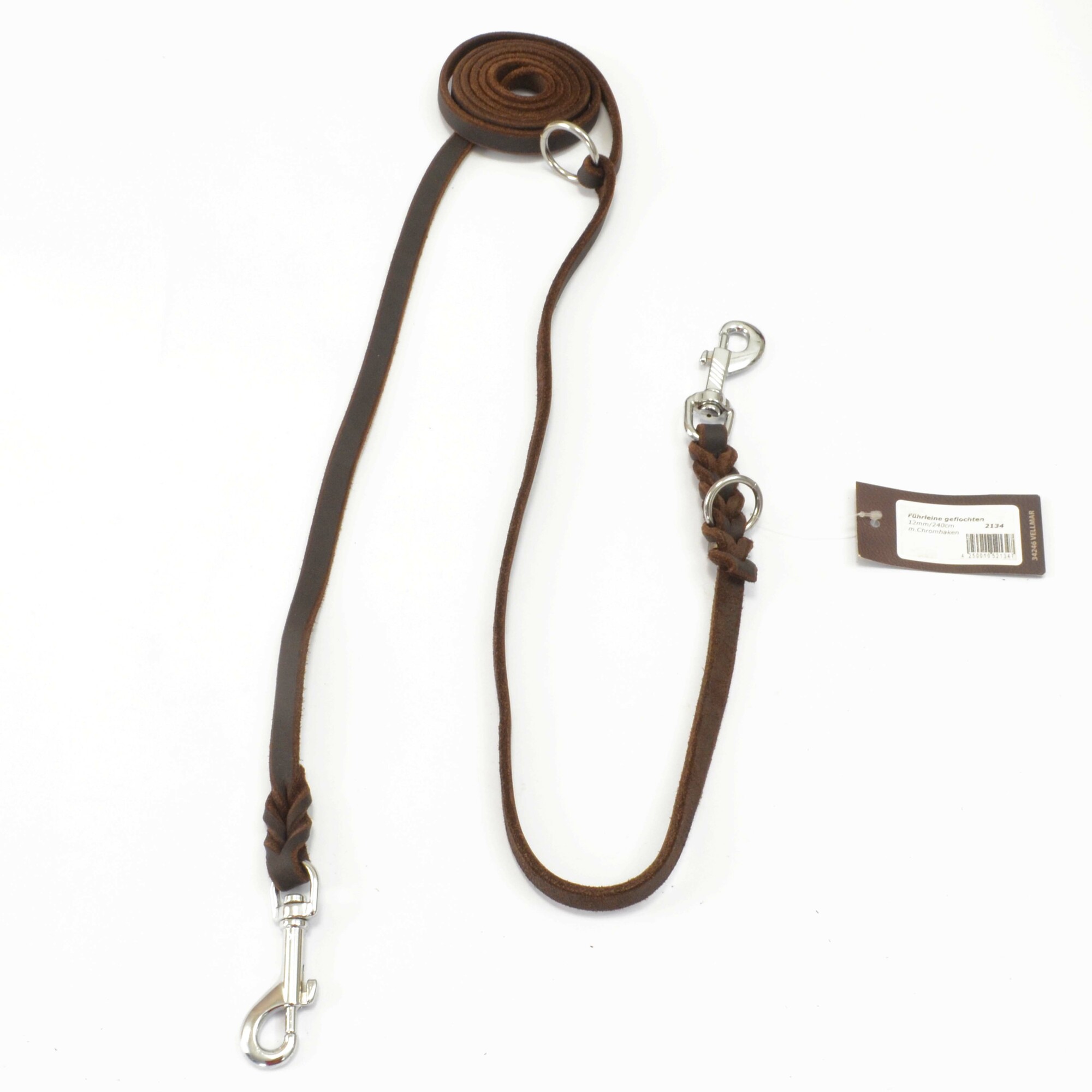 JHS Hundesport | Vodítko prepínacie, bez uška, 12mm/240cm, 2 chrómové karabíny, koža, hnedé
