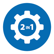 Icon: Cog with 2 in 1 text on blue background