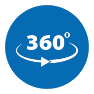 Icon: 360 degrees text with arrow on blue background