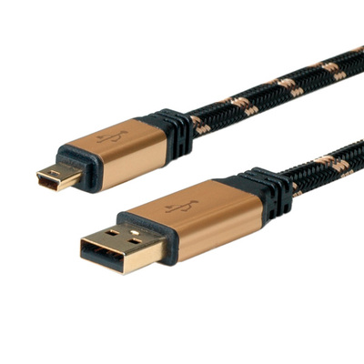 Kábel USB 2.0 A-MINI-B 5pin M/M 0.8m, High Speed, čierny/zlatý, Gold, pozl. kon.