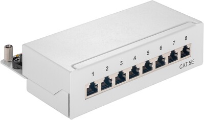 Patch panel 8port cat.5e, tienený s uzemnením, celokovový, montáž na stenu, 1U, sivý §§