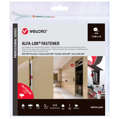 Háčikový systém "Suchý zips" extra pevný, ALFA-LOK, nalepovací, 3m, šírka 25mm, čierny, VELCRO