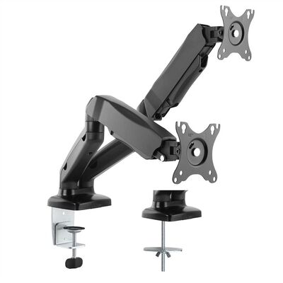 Držiak pre 2x monitor na stôl, úchyt o dosku, pneumatický, max 6.5kg rameno 450mm VESA 75/100 čierny