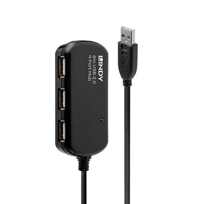 Kábel USB 2.0 A-A M/F 8m, High Speed, predlžovací, čierny, aktívny, 4port Hub s adapt., PRO, reťazit