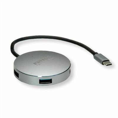 Hub USB 3.1 Gen.1 Typ C, 4 Port, 4x USB A Port, okrúhly, USB micro napájanie, 14cm, sivá a čierna