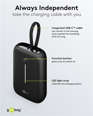 PowerBank 10000mAh, QC 3.0, LED display, zabudovaný kábel USB Typ C 0.13m, 8x6x3cm, čierna