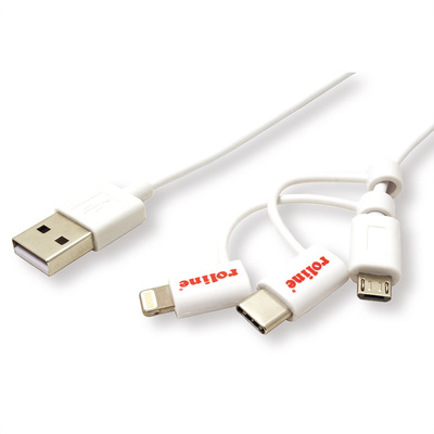 Kábel USB 2.0 A-MICRO-B M/M + Redukcia na USB 3.1 Typ C a lightning, 1m, High Speed, biely