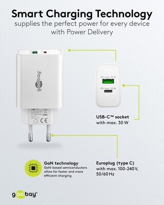 Nabíjačka USB 230V 2port, 1xUSB A, 1x USB Typ C, 30W, Power Delivery, Quick Charge 3.0, biela