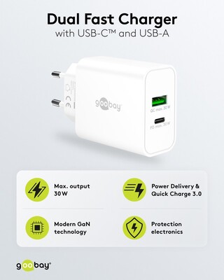 Nabíjačka USB 230V 2port, 1xUSB A, 1x USB Typ C, 30W, Power Delivery, Quick Charge 3.0, biela