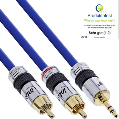 Kábel 3.5mm stereo/2xCinch M/M 2m, modrý, pozl. konektor, Premium