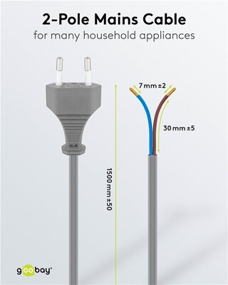 Kábel sieťový 230V, 2pin vidlica (CEE7/16) priama - dutinky, 1.5m, 0.75mm², 2.5A, surový, sivý