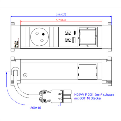 Power Frame 1xUTE 230V, 1xCustom, nabíjačka (USB A + USB C), 0.2m kábel 1.5mm², GST18, hliník/čierny