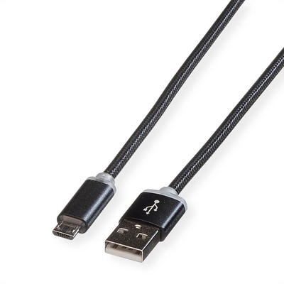 Kábel USB 2.0 A/MICRO-B M/M 1m, High Speed, čierny, LED signalizácia, kovové krykty