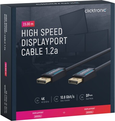Kábel DisplayPort M/M 15m, 4K@60Hz, DP v1.2, 21.6Gbit/s, modrý, pozl. konektor, ClickTronic