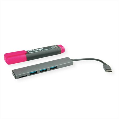 Hub USB 3.1 Gen.1 Typ C, 4 Port, 3x USB A, čítačka kariet Micro SD, 10cm, sivý