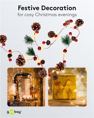 Led svetelná reťaz s 20x "Pine & Red Berries" napájanými z 2xAA batériami IP20, 2.2m, červená/biela