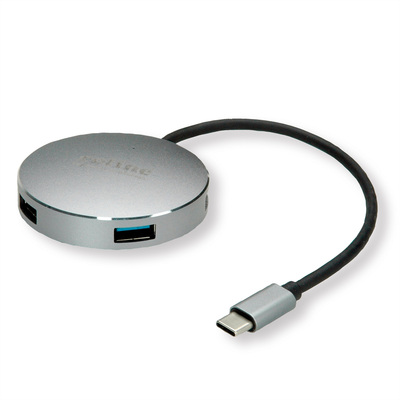 Hub USB 3.2 Gen.1 Typ C, 4 Port, 4x USB A Port, okrúhly, USB micro napájanie, 14cm, sivá a čierna