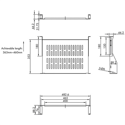 19" Polica pevná 440x350mm, max. 25kg, 2U, čierna, U-tvar
