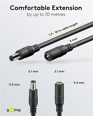 Kábel predlžovací DC 5.5mm / 2.1mm, AWG20, 1.5m, čierny