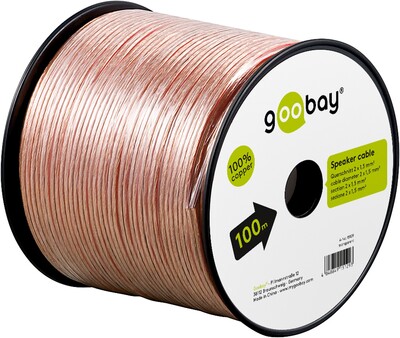 Reproduktorový kábel audio 2x1.5mm², 100m, meď, OFC (99,9% oxygen-free copper), transparentný
