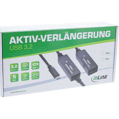 Kábel USB 3.2 Gen 1, Typ C CM/CF 15m, 5Gbps, predlžovací, čierny, aktívny