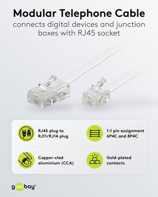 Kábel telefónny RJ11/RJ45, 10m, biely