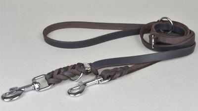 Vodítko bez uška prepínacie, 12mm/2.4m, 2 chrómové karabíny, trojité prepnutie, koža, hnedé §§