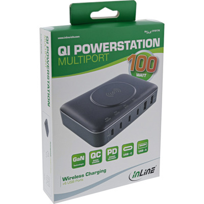 Nabíjačka USB 230V 6port, 2xUSB A, 4x USB Typ C, 100W, PD, QC 2.0, kábel (C7) 1.8m, GaN, čierna