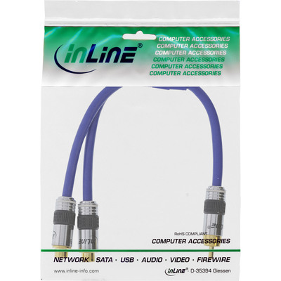 Káblový adaptér Cinch(RCA)/2xCinch(RCA) M/2xF, 25cm, HQ, Premium, modrý, pozl. konektor