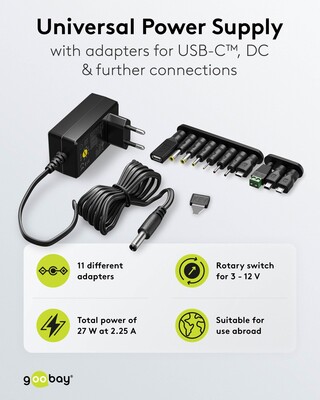 Adaptér NTS 2250mA Univerzálny 3-12V, 27W, 1.8m kábel, konektory: DC, USB(mini, micro, A, C), čierny