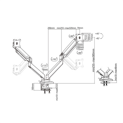 Držiak pre 2x monitor na stôl, úchyt o dosku, pneumatický, max 15kg, rameno 526mm VESA 75/100 čierny