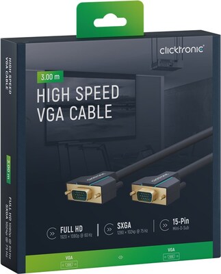 Kábel VGA M/M 3m, prepojovací, tienený, DDC, ferrit, HQ, modrý, pozl. konektor, Clicktronic