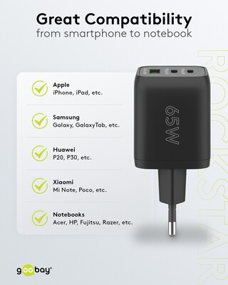 Nabíjačka USB 230V 3port, 1xUSB A, 2xUSB Typ C, 65W, Power Delivery, GaN, čierna