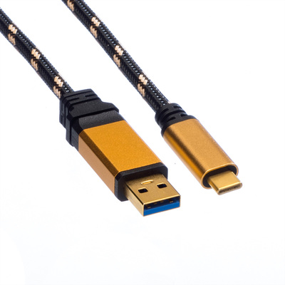 Kábel USB 3.2 Gen 1, AM/CM Typ C 1m, 5Gbps, čierny/zlatý, Gold, pozl. konektor