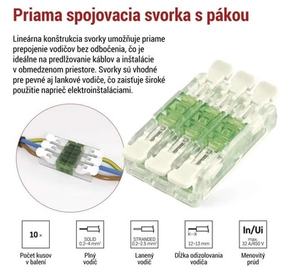Spojka páčková, svorka bezskrutková, 6-pólová, 0.2-4.0mm², priehľadná, 10 ks/bal