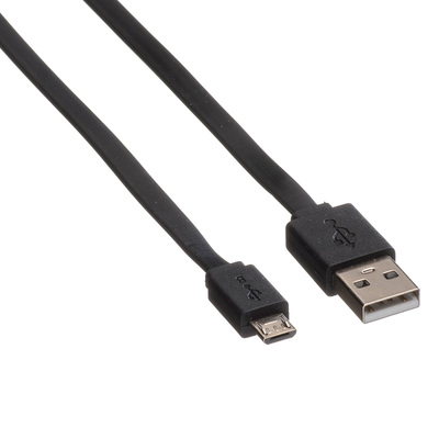 Kábel USB 2.0 A-MICRO-B M/M 1m, High Speed, čierny, 100%meď, flexibilný, plochý, TPE plášť
