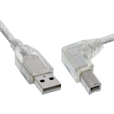 Kábel USB 2.0 A-B M/M 2m, High Speed, transparentný, uhľový 90° doľava