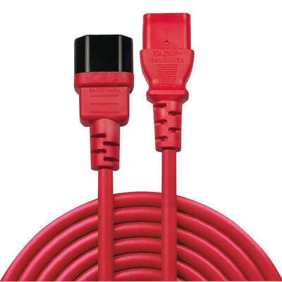 Kábel sieťový 230V predlžovací, C13 - C14, 1m, 0.75mm², 10A, červený