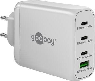 Nabíjačka USB 230V 4port, 1xUSB A, 3xUSB Typ C, 100W, Power Delivery, GaN, biela