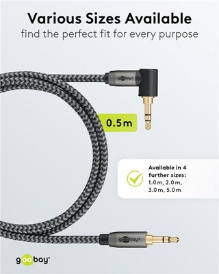 Kábel 3,5mm stereo jack M/M 0.5m, čierny/sivý, pozl. konektor, 1x uhlový 90°