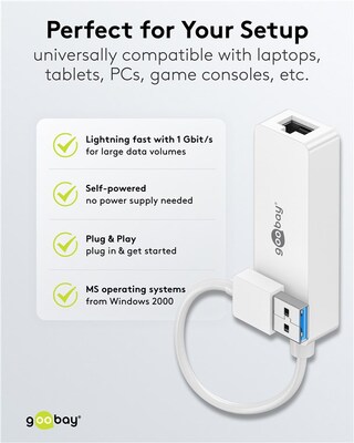 Adaptér USB 3.2 Gen 1 na RJ45 (Gigabit Ethernet), 10cm, biely