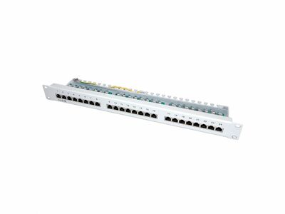 19" Patch panel 24port cat.5e, tienený s uzemnením, celokovový, 1U, sivý